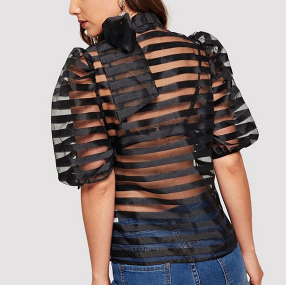 Sheer 1 left Puff Sleeve Stripe Top NEW! - Picture 5 of 6
